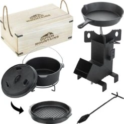 Dutch Mountains Gietijzeren Pannenset 7-delig - Dutch Oven – Braadpan - Grillpan - Hapjespan - Kookset In Houten Transportkist - Deksellifter - Brander