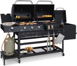 Klarstein Kingsville Double Barbecue - Houtskool- En Gasbarbecue - Smoker BBQ - Inclusief Deksels En Thermometer - Met 2 Roosters - Zwart -Barbecuebenodigdheden 1200x1020