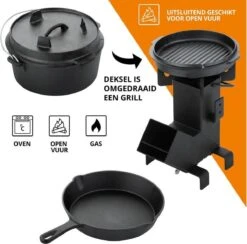 Dutch Mountains Gietijzeren Pannenset 7-delig - Dutch Oven – Braadpan - Grillpan - Hapjespan - Kookset In Houten Transportkist - Deksellifter - Brander -Barbecuebenodigdheden 1200x1185 1