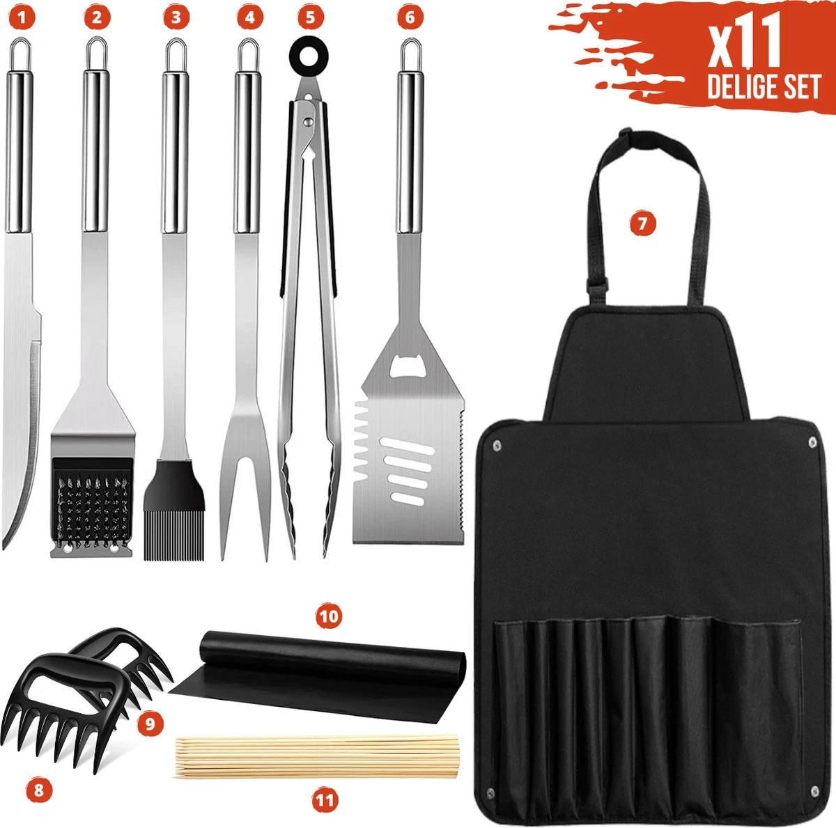 Squago BBQ Accesoires XXL Set Met Schort - Gereedschap - Gereedschapset Tang Borstel Mat 5 Squago BBQ Accesoires XXL Set Met Schort - Gereedschap - Gereedschapset Tang Borstel Mat - Afbeelding 5