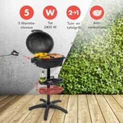 KitchenBrothers Elektrische BBQ - Met Grillplaat - Anti-aanbaklaag - Incl. Plank/Houders - Grilloppervlak 46,5x33,8cm - Tot 300°C - 2400W - Zwart -Barbecuebenodigdheden 1200x1200 61