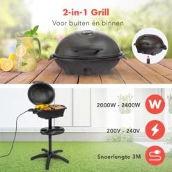 KitchenBrothers Elektrische BBQ - Met Grillplaat - Anti-aanbaklaag - Incl. Plank/Houders - Grilloppervlak 46,5x33,8cm - Tot 300°C - 2400W - Zwart -Barbecuebenodigdheden 1200x1200 64