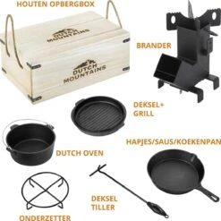 Dutch Mountains Gietijzeren Pannenset 7-delig - Dutch Oven – Braadpan - Grillpan - Hapjespan - Kookset In Houten Transportkist - Deksellifter - Brander -Barbecuebenodigdheden 1200x1200 697